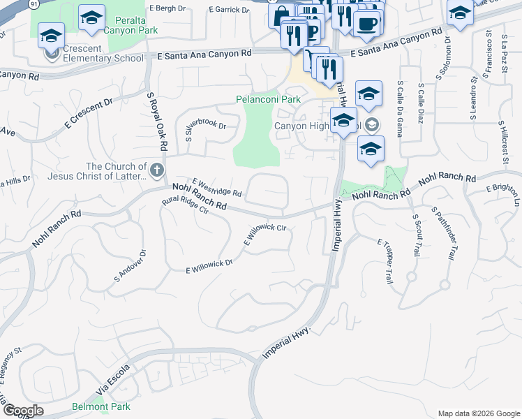 map of restaurants, bars, coffee shops, grocery stores, and more near 5410 Nohl Ranch Road in Anaheim