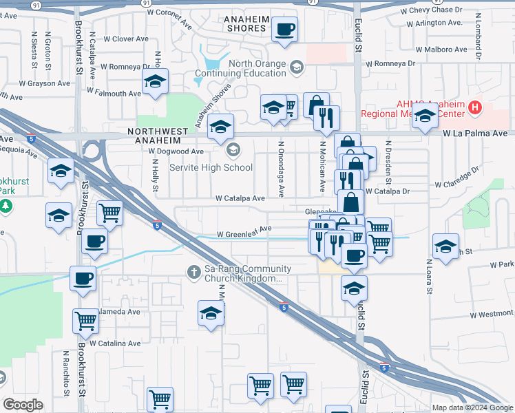 map of restaurants, bars, coffee shops, grocery stores, and more near 1851 Glenoaks Avenue in Anaheim