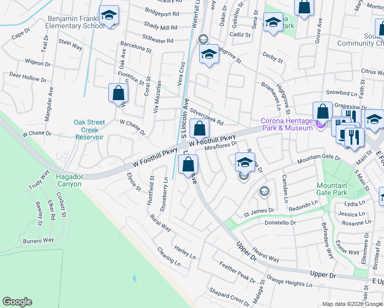 map of restaurants, bars, coffee shops, grocery stores, and more near 3124 Mountain Pass Drive in Corona