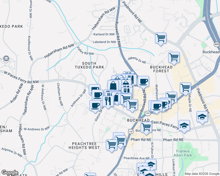 map of restaurants, bars, coffee shops, grocery stores, and more near 141 East Andrews Drive Northwest in Atlanta