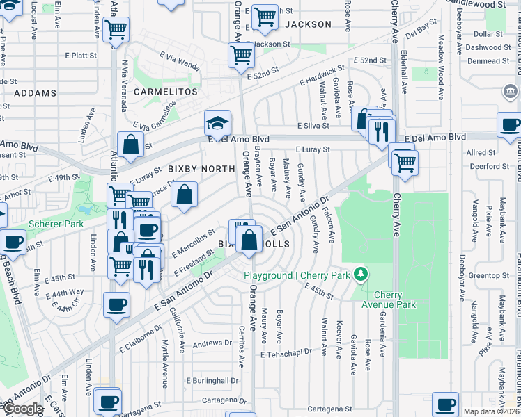 map of restaurants, bars, coffee shops, grocery stores, and more near 4681 North Banner Drive in Long Beach
