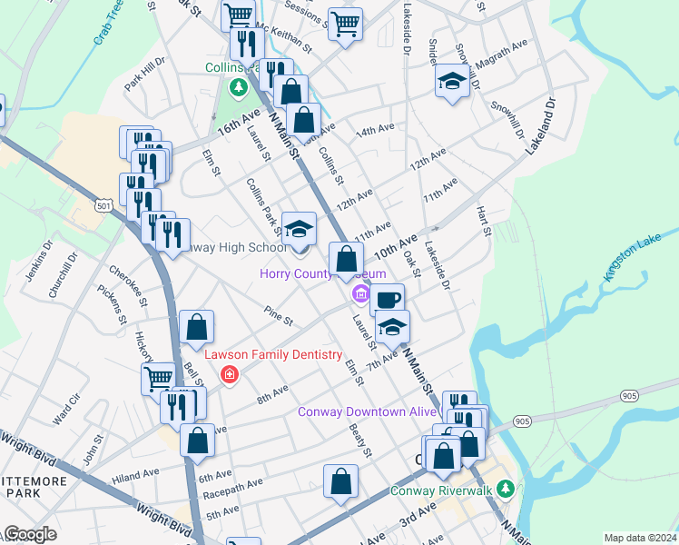 map of restaurants, bars, coffee shops, grocery stores, and more near 1006 10th Avenue in Conway