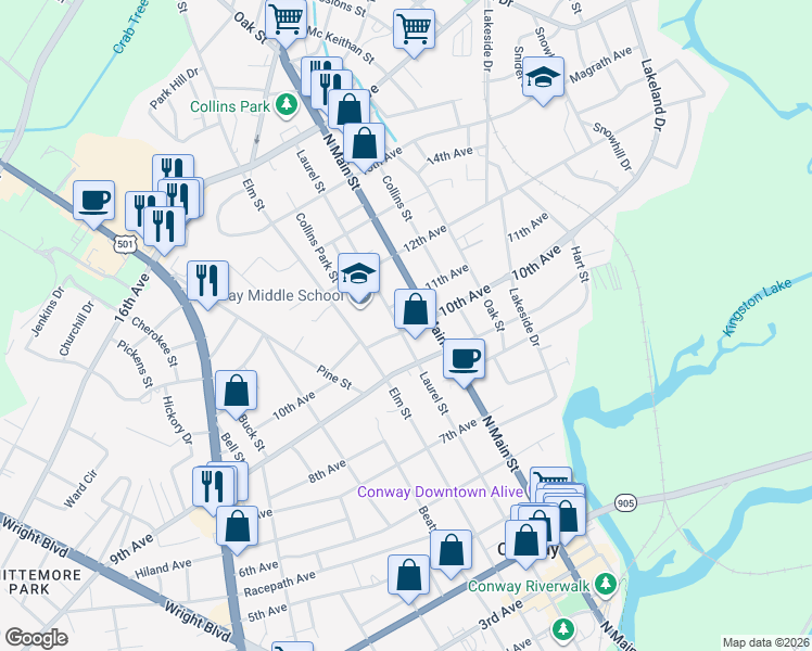 map of restaurants, bars, coffee shops, grocery stores, and more near 1107 10th Avenue in Conway