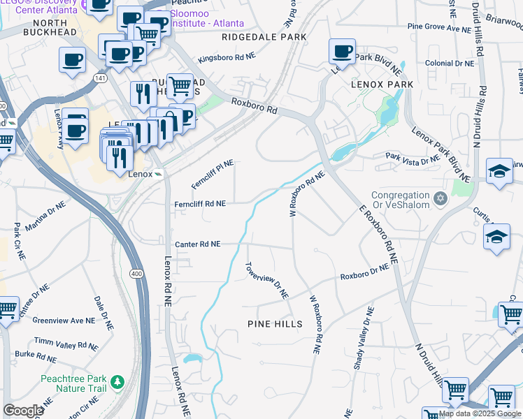 map of restaurants, bars, coffee shops, grocery stores, and more near 1065 Ferncliff Road Northeast in Atlanta