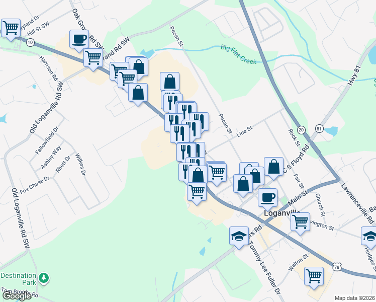 map of restaurants, bars, coffee shops, grocery stores, and more near Atlanta Highway in Loganville