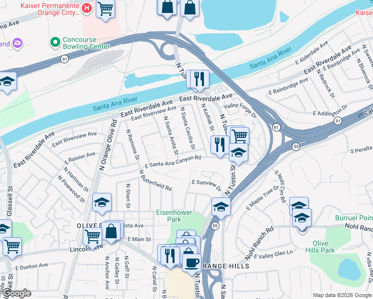 map of restaurants, bars, coffee shops, grocery stores, and more near 1550 East Baldwin Avenue in Orange