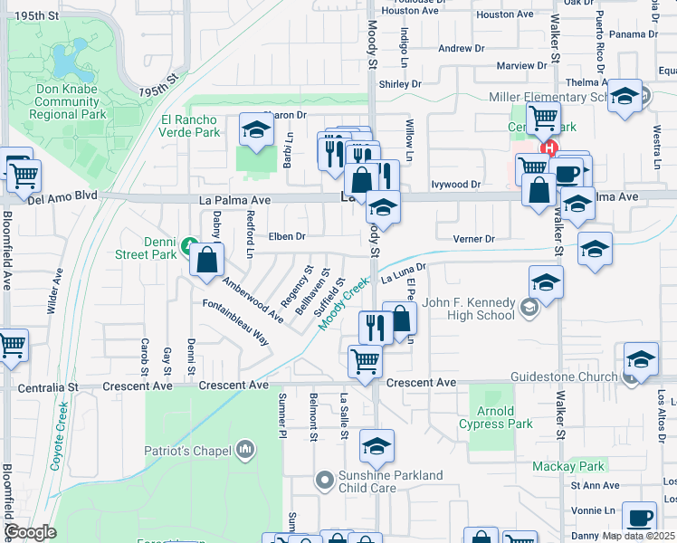 map of restaurants, bars, coffee shops, grocery stores, and more near 8161 Suffield Street in La Palma