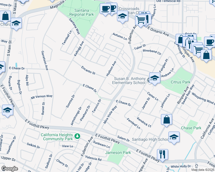 map of restaurants, bars, coffee shops, grocery stores, and more near 935 Armata Drive in Corona