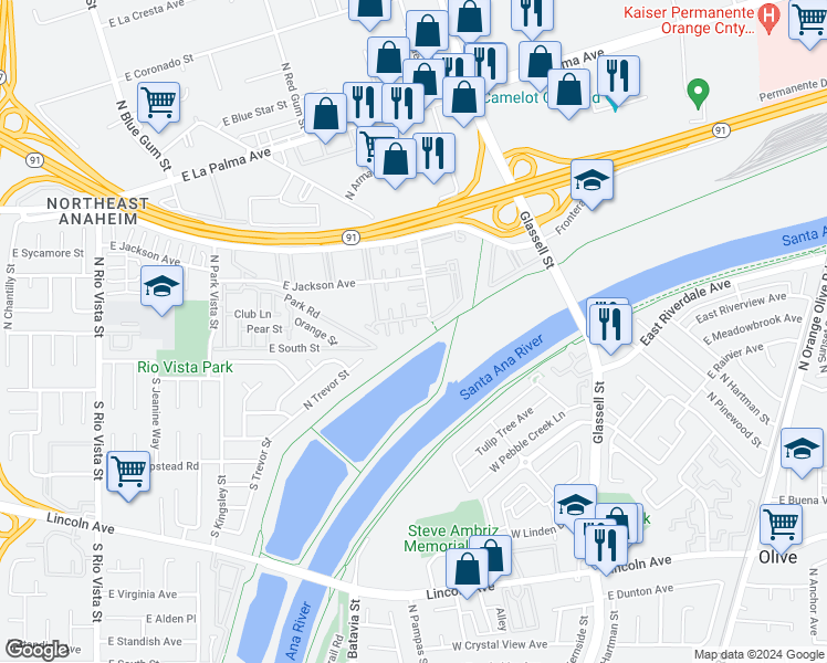 map of restaurants, bars, coffee shops, grocery stores, and more near 371 North Vía Marco in Anaheim