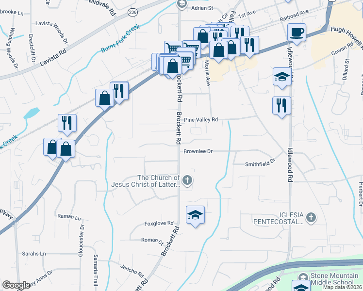 map of restaurants, bars, coffee shops, grocery stores, and more near 2022 Brockett Road in Tucker