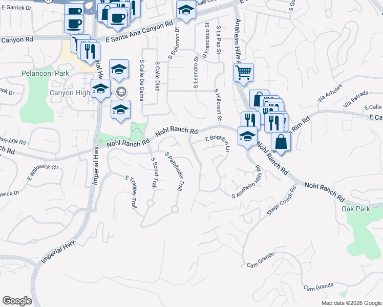 map of restaurants, bars, coffee shops, grocery stores, and more near 5997 East Calle Principia in Anaheim