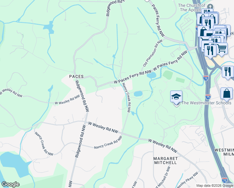 map of restaurants, bars, coffee shops, grocery stores, and more near 3218 Nancy Creek Road Northwest in Atlanta