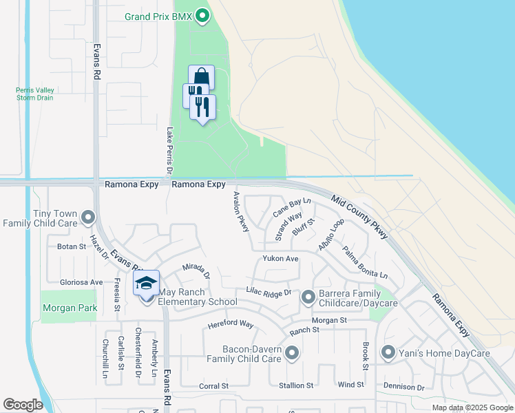 map of restaurants, bars, coffee shops, grocery stores, and more near 1188 Chenin Blanc Circle in Perris