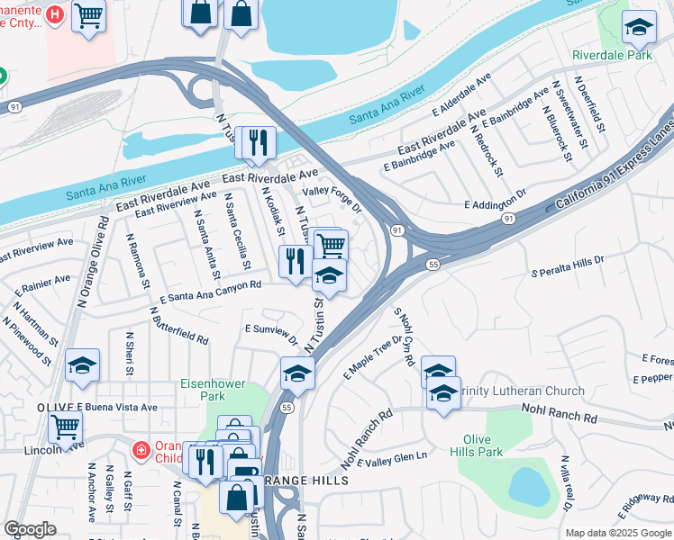 map of restaurants, bars, coffee shops, grocery stores, and more near 124 North Tustin Avenue in Anaheim