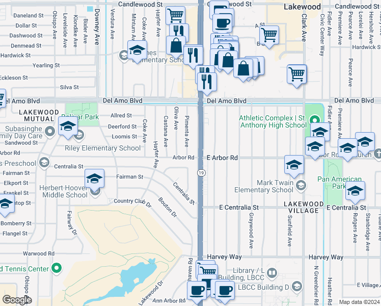map of restaurants, bars, coffee shops, grocery stores, and more near 4708 Pimenta Avenue in Lakewood
