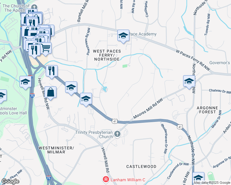 map of restaurants, bars, coffee shops, grocery stores, and more near 3200 Wood Valley Road Northwest in Atlanta