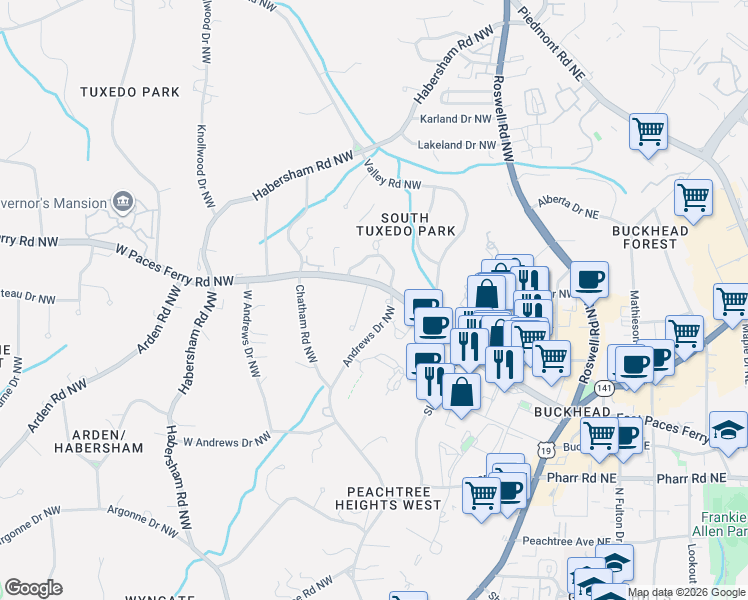 map of restaurants, bars, coffee shops, grocery stores, and more near 3211 Andrews Court Northwest in Atlanta