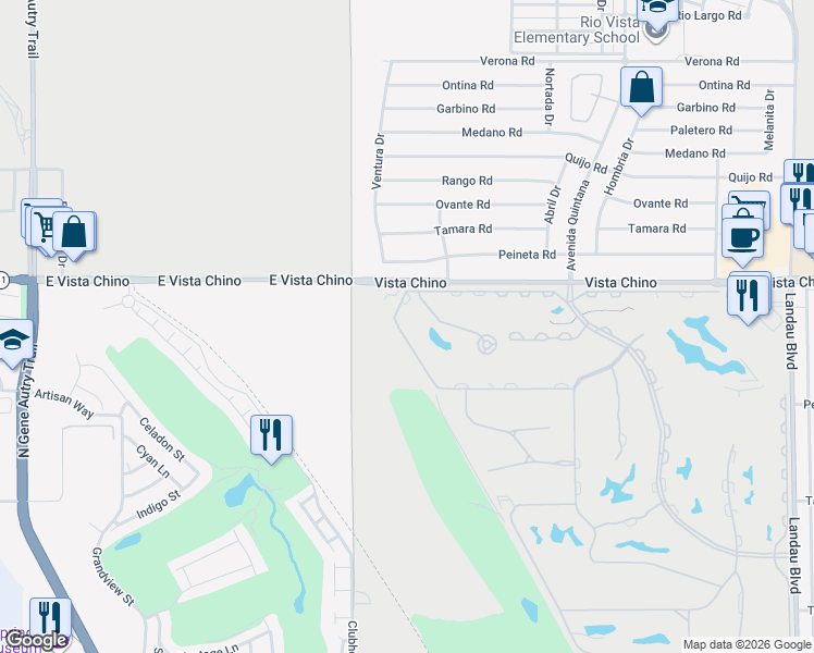 map of restaurants, bars, coffee shops, grocery stores, and more near 67162 West Chimayo Drive in Cathedral City