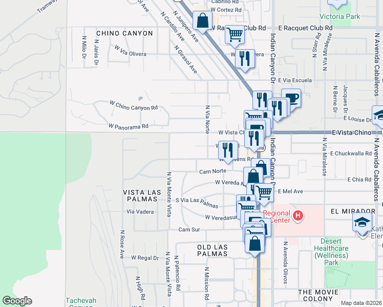 map of restaurants, bars, coffee shops, grocery stores, and more near 500 West Stevens Road in Palm Springs