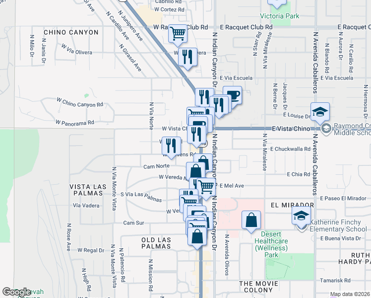 map of restaurants, bars, coffee shops, grocery stores, and more near 270 West Stevens Road in Palm Springs
