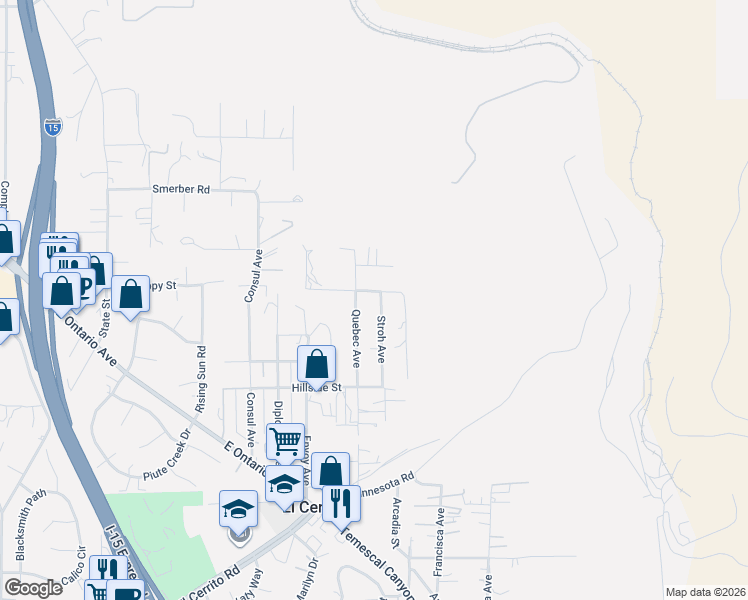 map of restaurants, bars, coffee shops, grocery stores, and more near 19051 Stroh Avenue in Corona