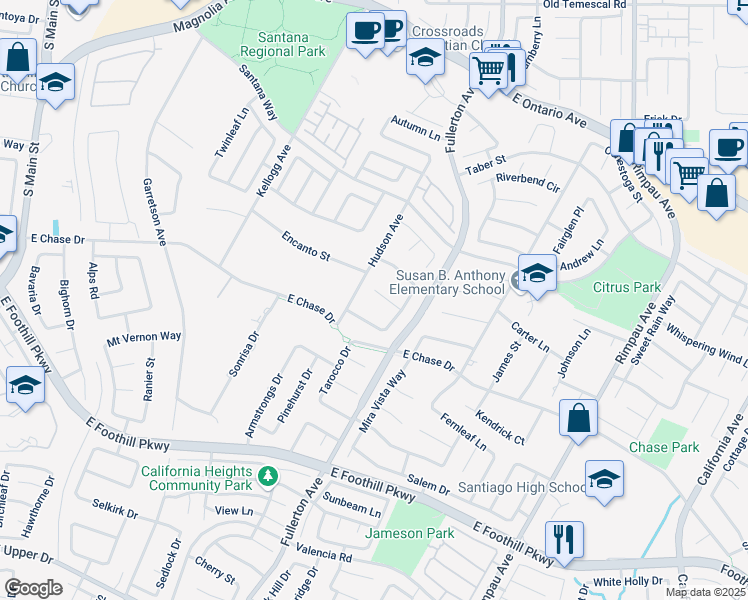 map of restaurants, bars, coffee shops, grocery stores, and more near 935 Armata Drive in Corona