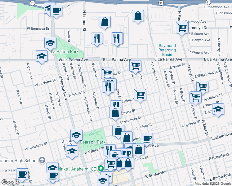 map of restaurants, bars, coffee shops, grocery stores, and more near 723 North Claudina Street in Anaheim