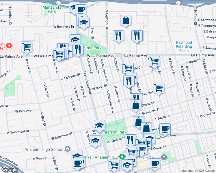 map of restaurants, bars, coffee shops, grocery stores, and more near 746 North Clementine Street in Anaheim