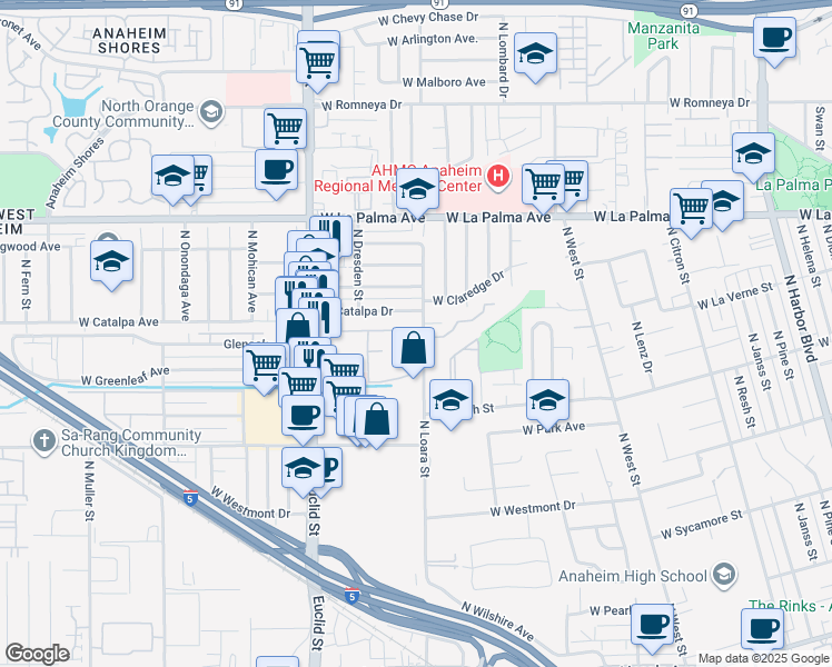 map of restaurants, bars, coffee shops, grocery stores, and more near in Anaheim