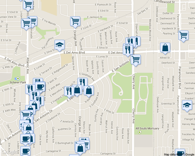 map of restaurants, bars, coffee shops, grocery stores, and more near 4669 Gundry Avenue in Long Beach