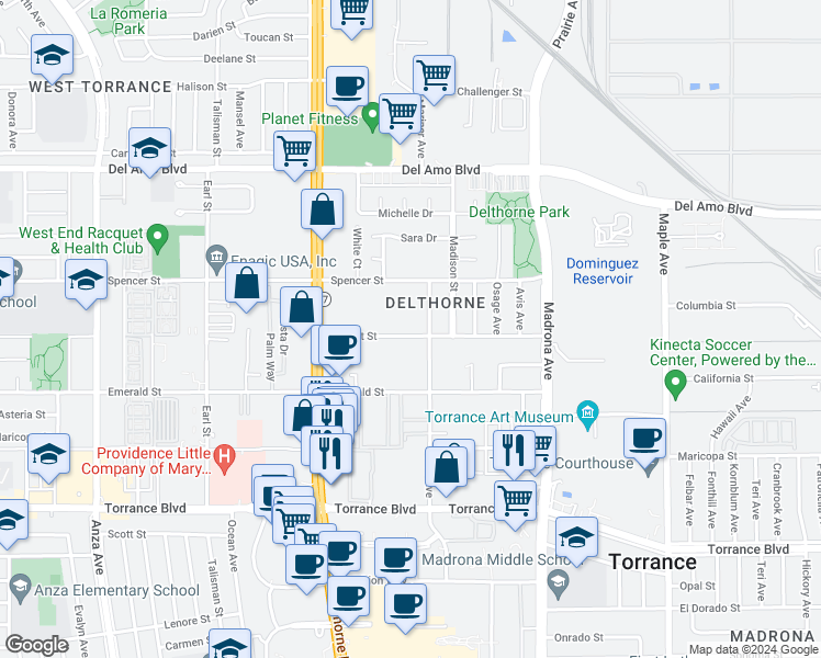 map of restaurants, bars, coffee shops, grocery stores, and more near 3618 Garnet Street in Torrance