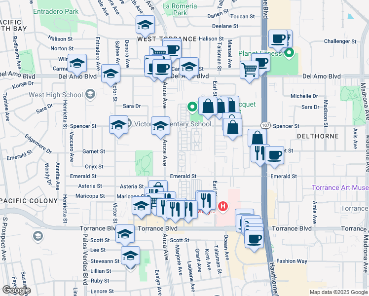 map of restaurants, bars, coffee shops, grocery stores, and more near 20605 Ladeene Avenue in Torrance