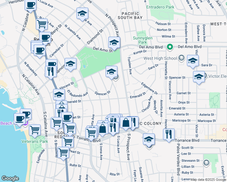 map of restaurants, bars, coffee shops, grocery stores, and more near 109 North Lucia Avenue in Redondo Beach