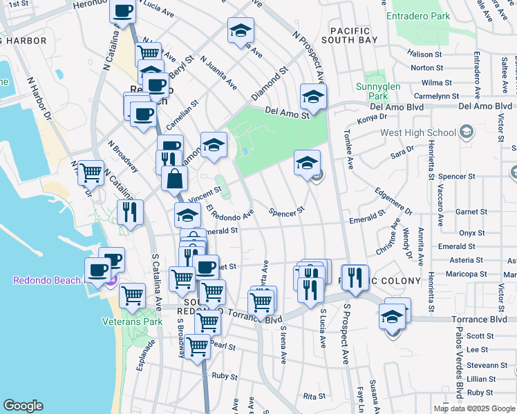 map of restaurants, bars, coffee shops, grocery stores, and more near 108 North Helberta Avenue in Redondo Beach
