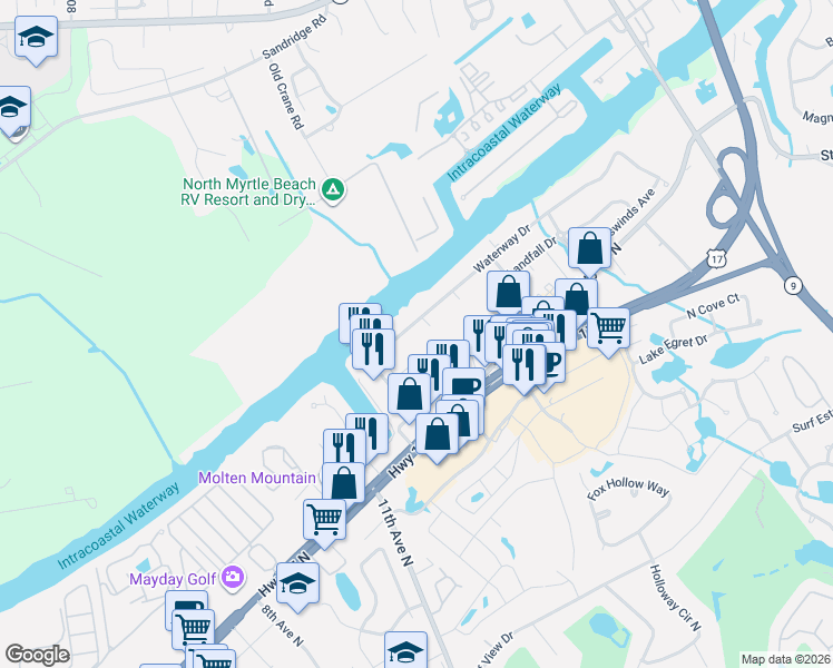 map of restaurants, bars, coffee shops, grocery stores, and more near 1316 Waterway Drive in North Myrtle Beach