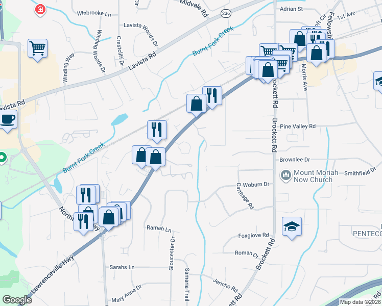 map of restaurants, bars, coffee shops, grocery stores, and more near 3605 Woodbriar Circle in Tucker