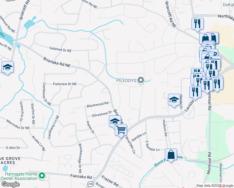 map of restaurants, bars, coffee shops, grocery stores, and more near 2968 Briarlake Road in Decatur