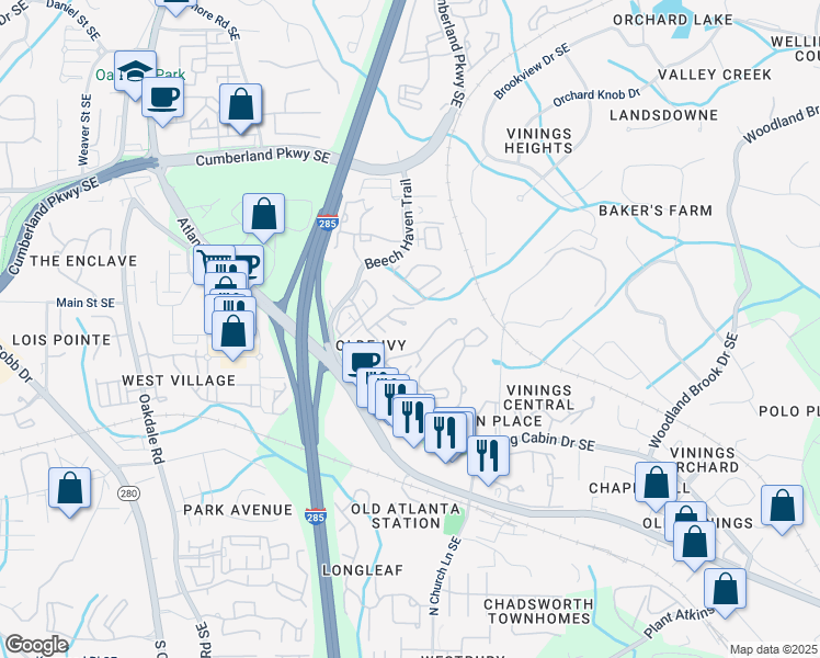 map of restaurants, bars, coffee shops, grocery stores, and more near 4784 Ivy Ridge Drive Southeast in Atlanta