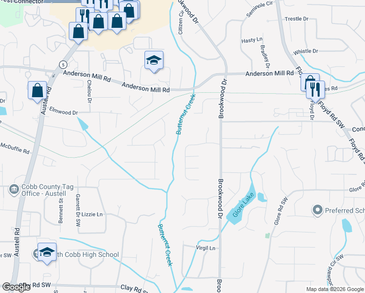 map of restaurants, bars, coffee shops, grocery stores, and more near 4550 Santee Trail in Mableton