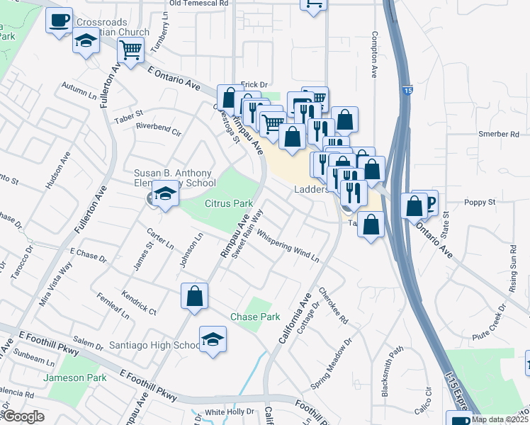 map of restaurants, bars, coffee shops, grocery stores, and more near 2487 Sweet Rain Way in Corona