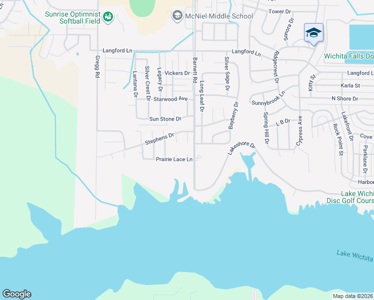map of restaurants, bars, coffee shops, grocery stores, and more near 1 Blue Star Court in Wichita Falls