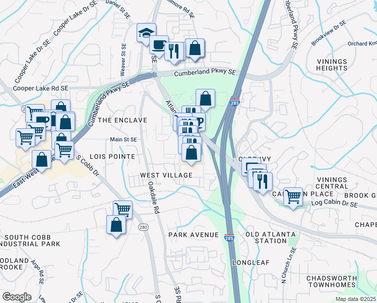 map of restaurants, bars, coffee shops, grocery stores, and more near 4600 West Village Place Southeast in Smyrna