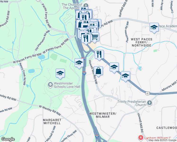 map of restaurants, bars, coffee shops, grocery stores, and more near 3280 Howell Mill Road Northwest in Atlanta