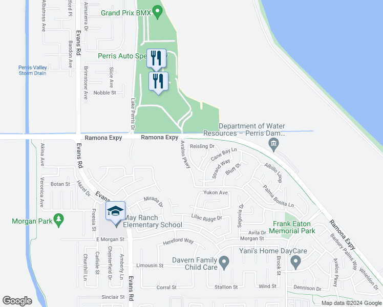 map of restaurants, bars, coffee shops, grocery stores, and more near 3965 Chardonnay Drive in Perris