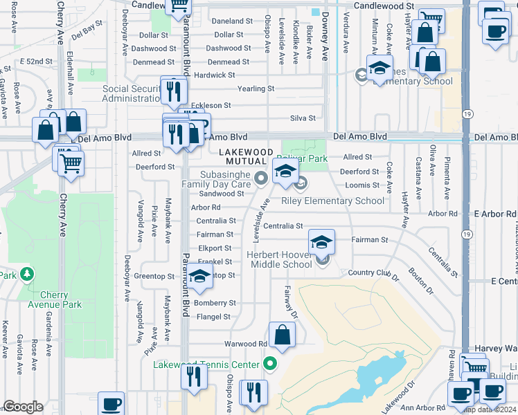 map of restaurants, bars, coffee shops, grocery stores, and more near 4703 Levelside Avenue in Lakewood
