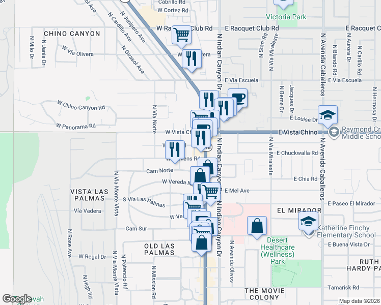 map of restaurants, bars, coffee shops, grocery stores, and more near 270 West Stevens Road in Palm Springs