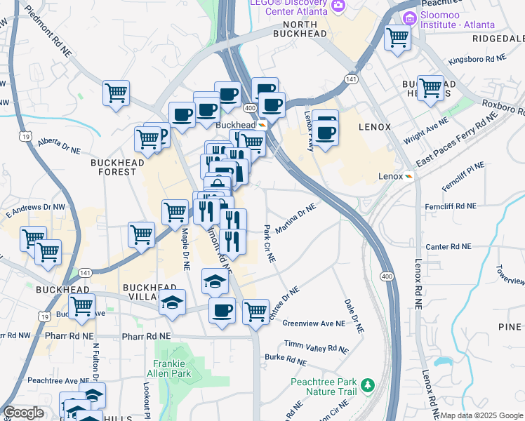 map of restaurants, bars, coffee shops, grocery stores, and more near 29 Park Circle Northeast in Atlanta