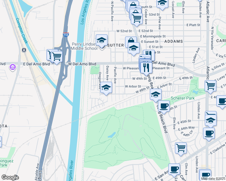 map of restaurants, bars, coffee shops, grocery stores, and more near 4795 Pacific Avenue in Long Beach