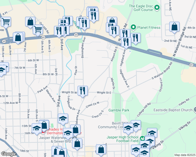 map of restaurants, bars, coffee shops, grocery stores, and more near 903 Airport Road South in Jasper