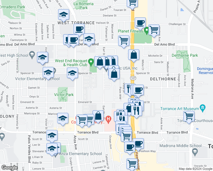 map of restaurants, bars, coffee shops, grocery stores, and more near 20550 Earl Street in Torrance